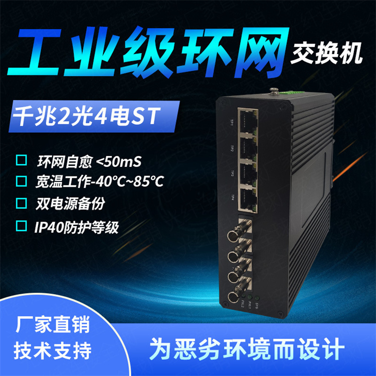 工业级千兆2光4电环网以太网光纤交换机收发器光电转换器单纤ST口