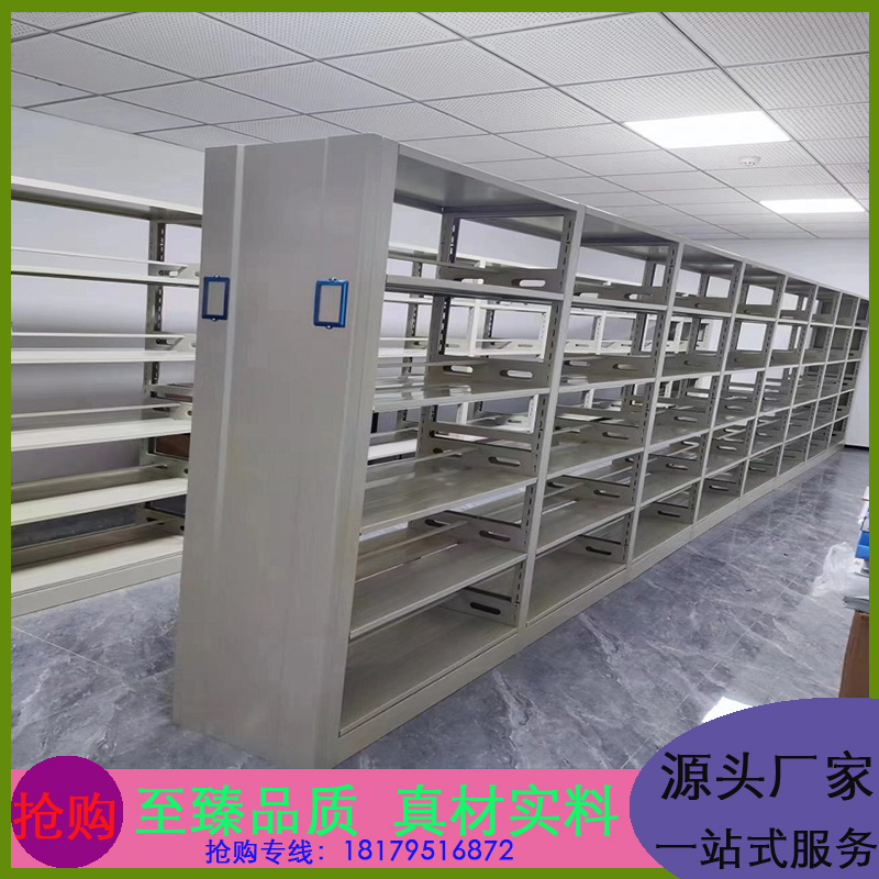 钢制书架灰白色书柜钢制书架双面六层钢木图书架资料档案架阅览室单面钢制图书馆书架