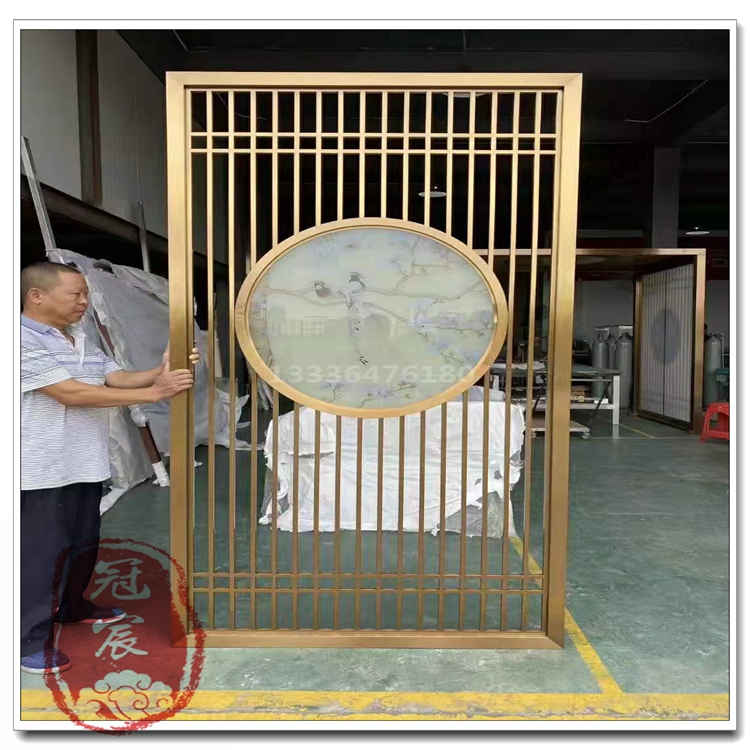 豪华别墅铝艺雕刻K金屏风 铝板镀铜雕刻屏风中式古典风格装饰